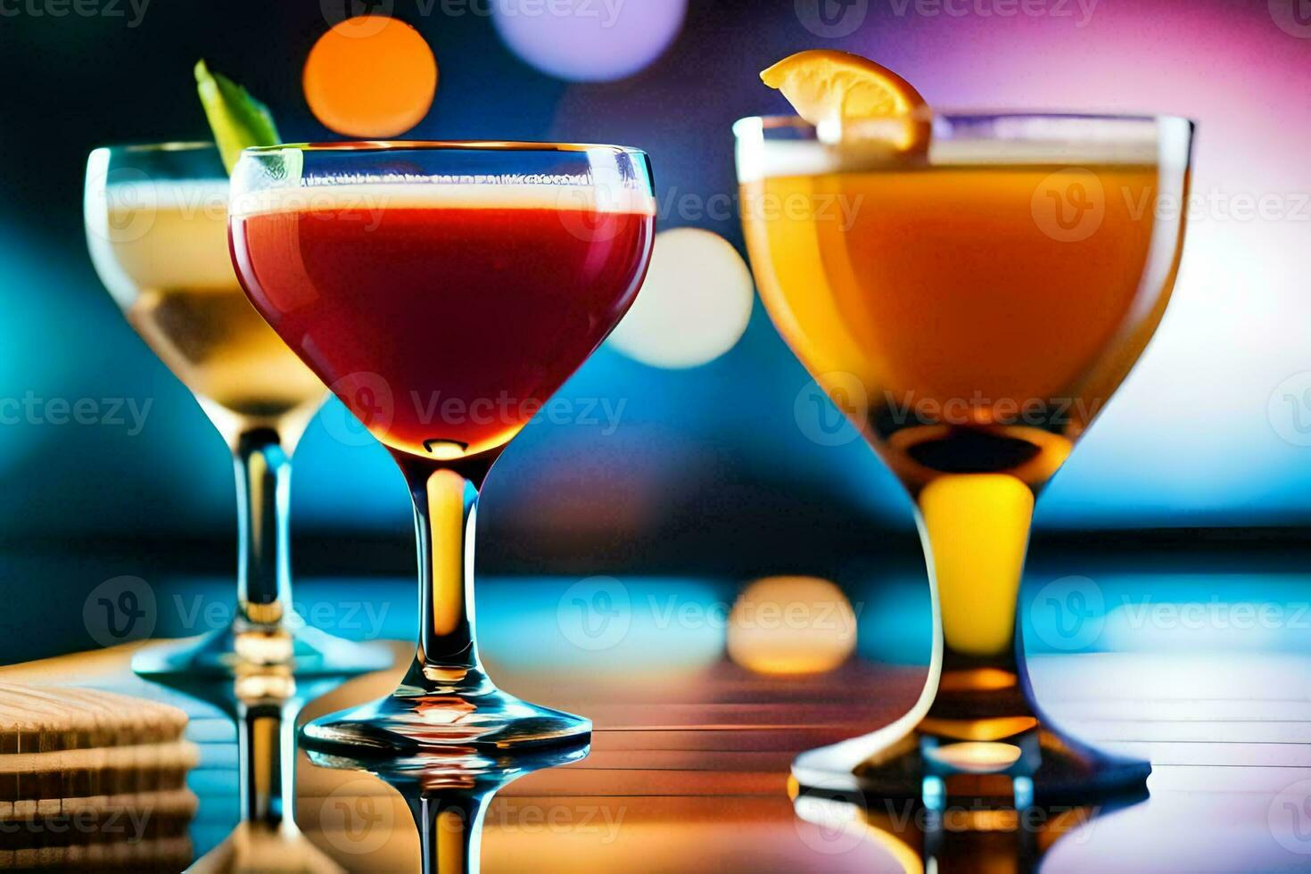 three different types of alcoholic drinks are shown on a bar. AI-Generated photo