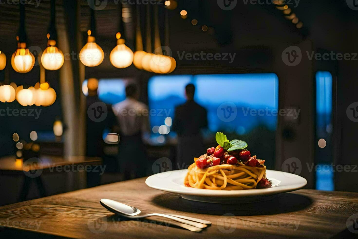 a plate of spaghetti on a table with a spoon and fork. AI-Generated photo