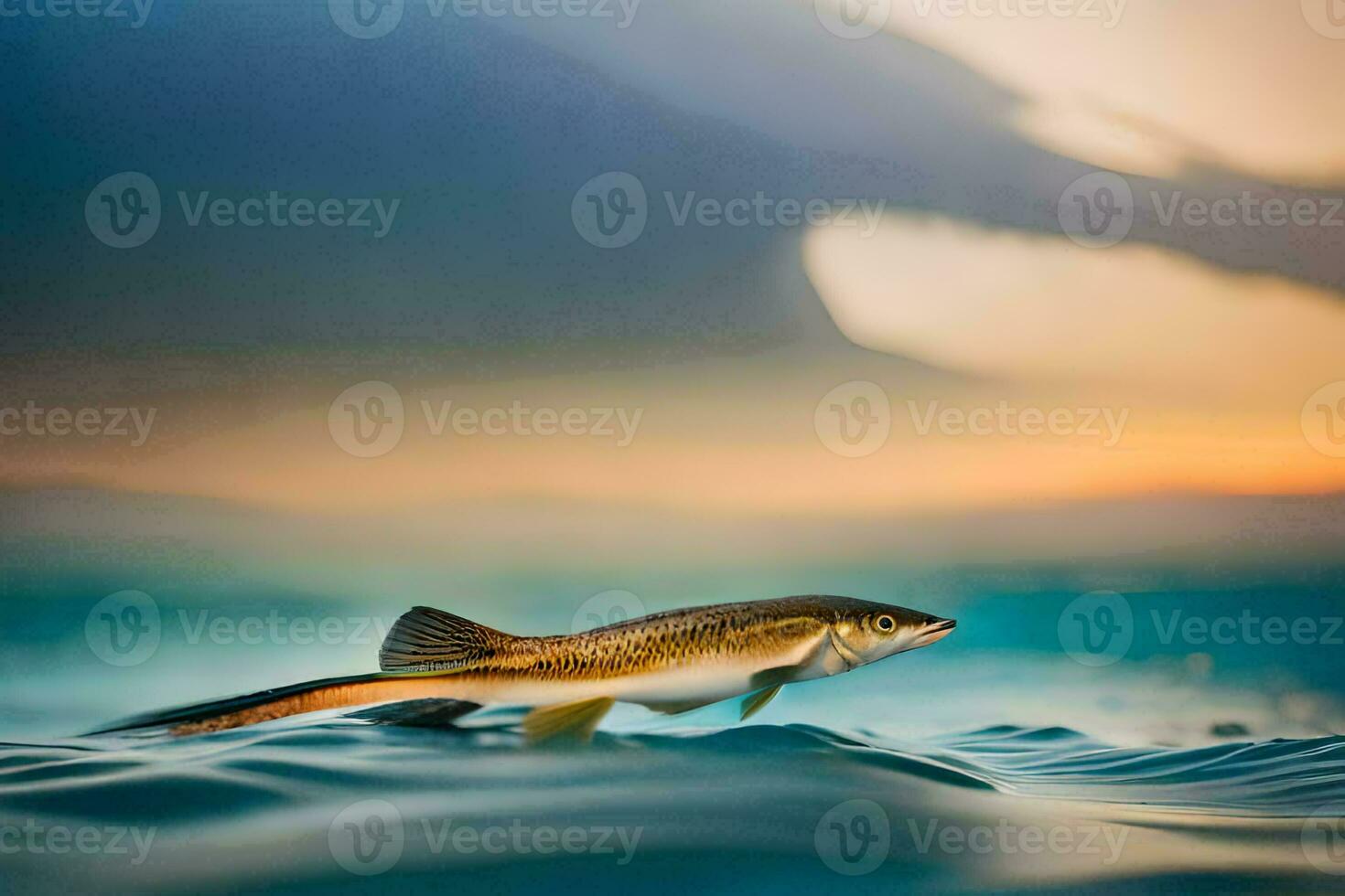 a fish swimming in the ocean at sunset. AI-Generated photo