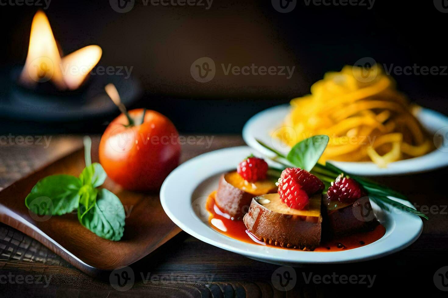a plate with dessert and a candle on a table. AI-Generated photo