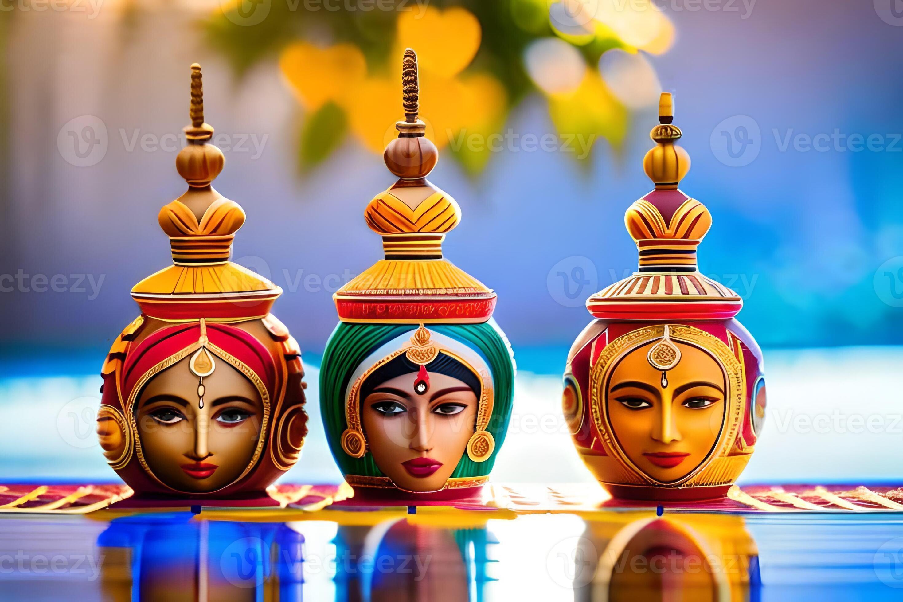 three colorful vases with faces on them. AIGenerated 30899369 Stock