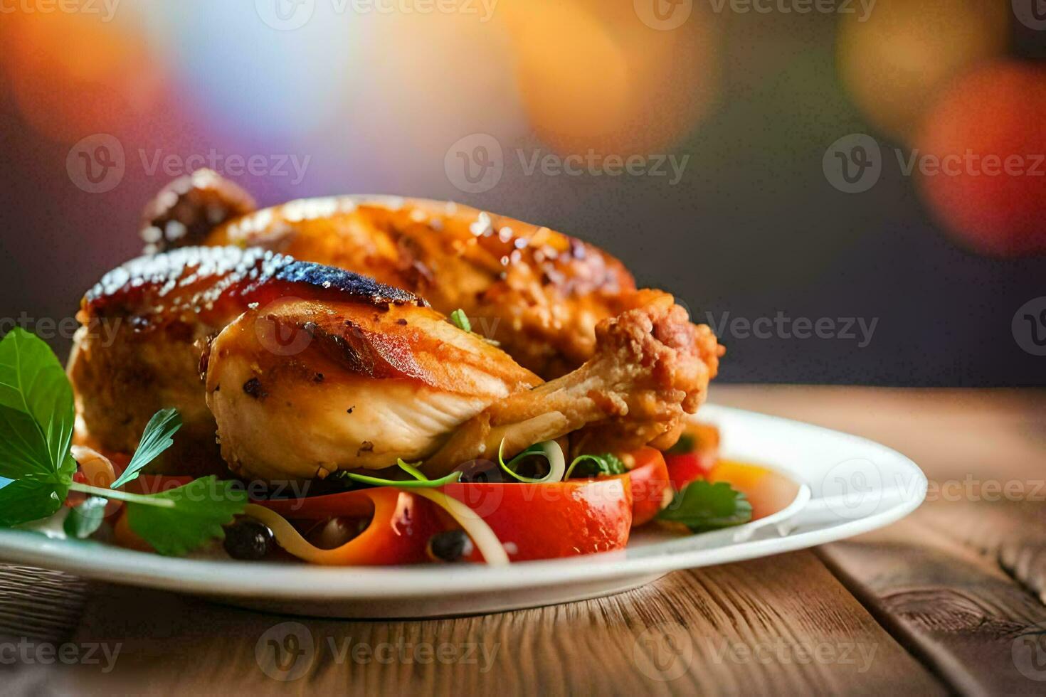 a chicken on a plate with vegetables and herbs. AI-Generated photo