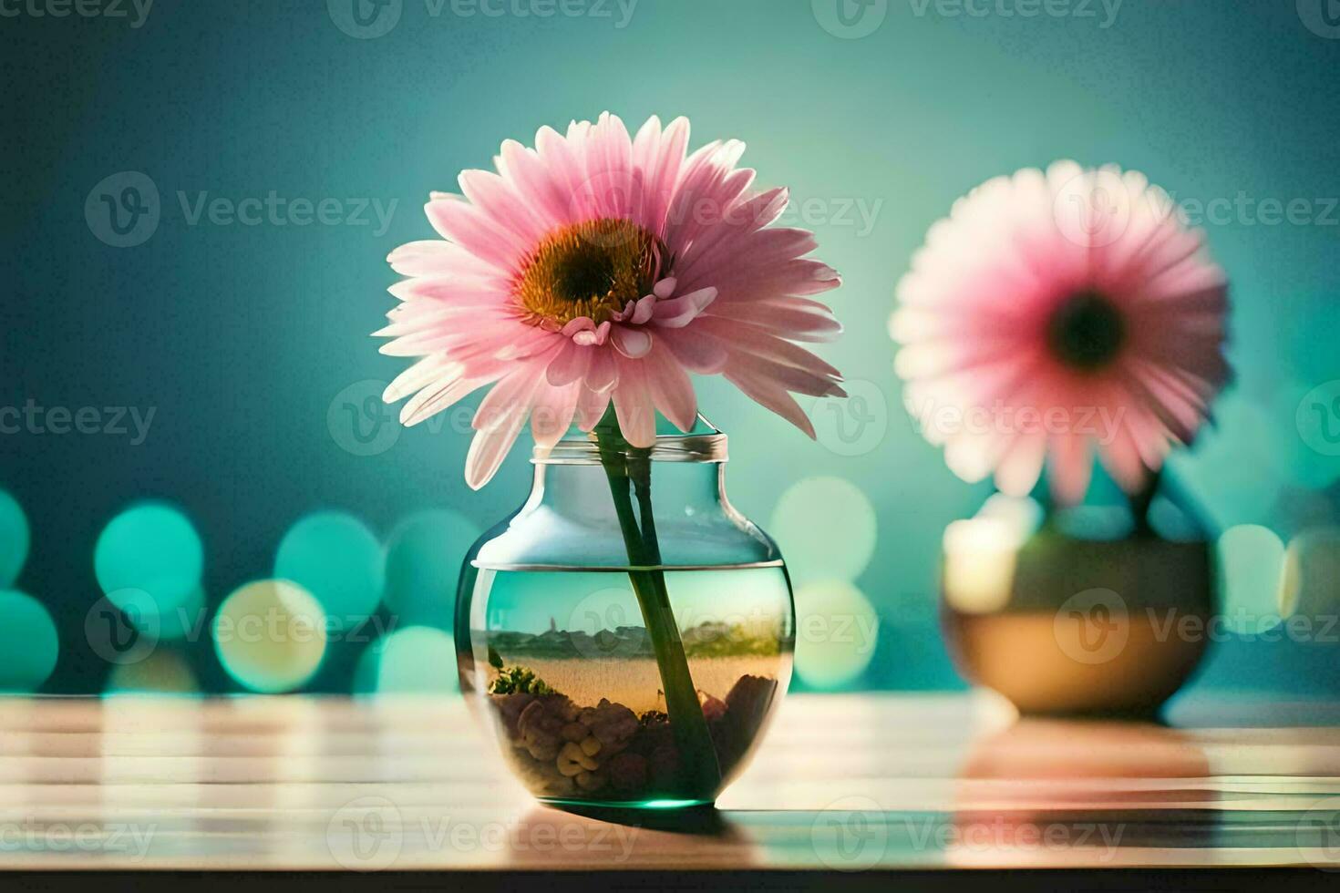 two pink flowers in a vase on a table. AI-Generated photo