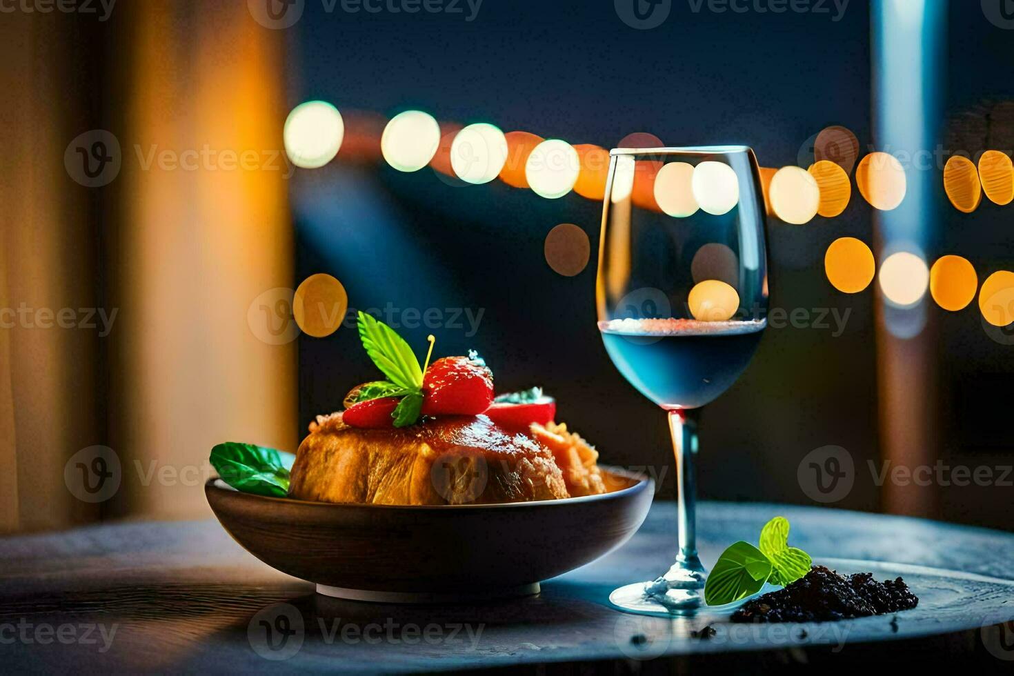 a dessert and a glass of wine on a table. AI-Generated photo