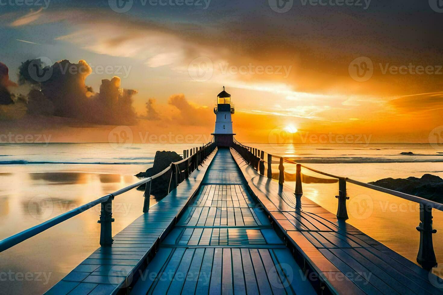 a lighthouse stands on a pier at sunset. AI-Generated photo