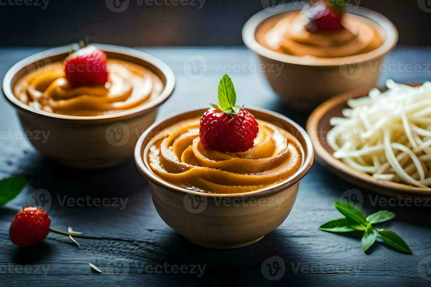 Tres bochas de postre con fresas y azotado crema. generado por ai foto