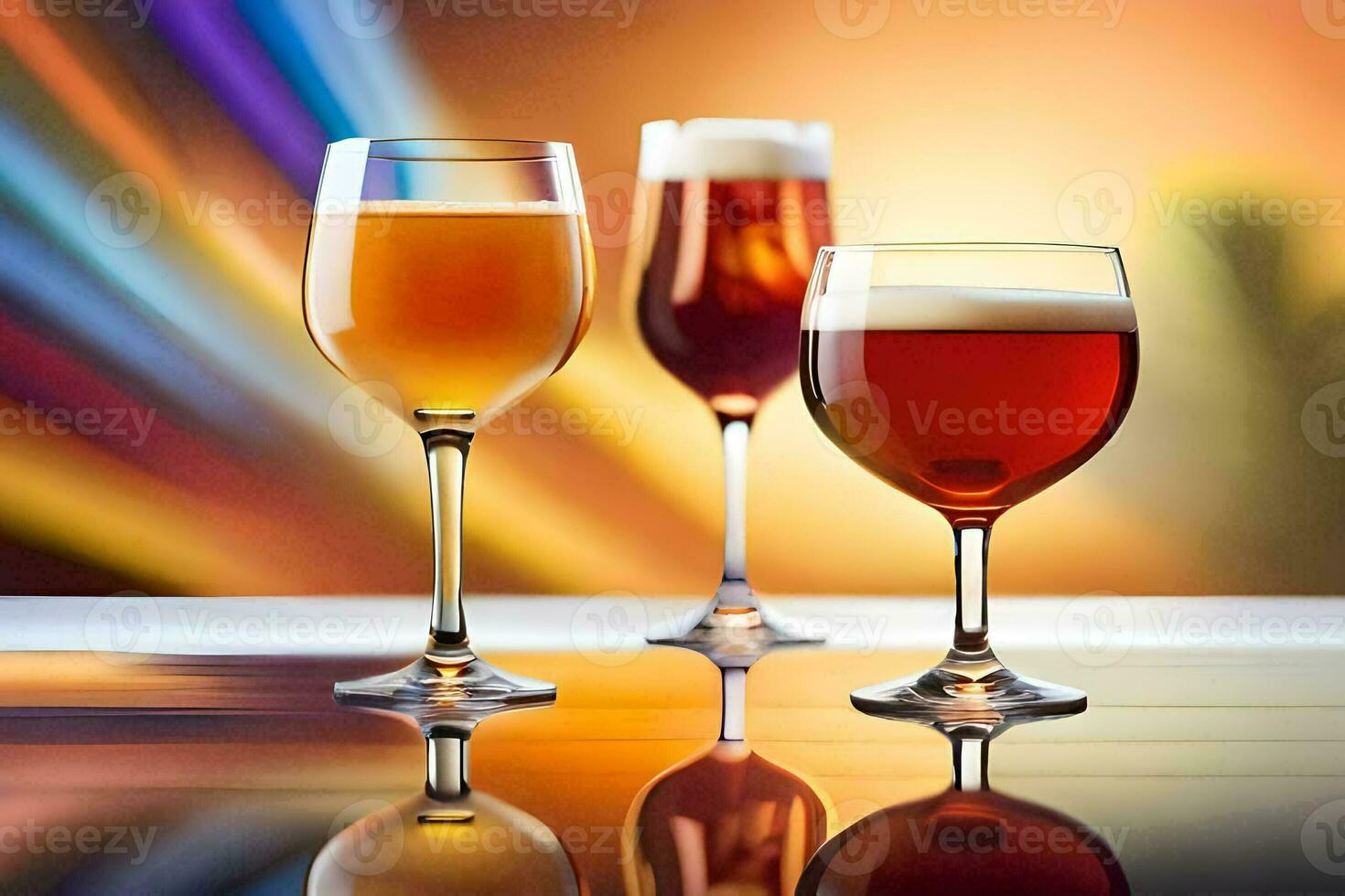 three glasses of different colored drinks on a table. AI-Generated photo