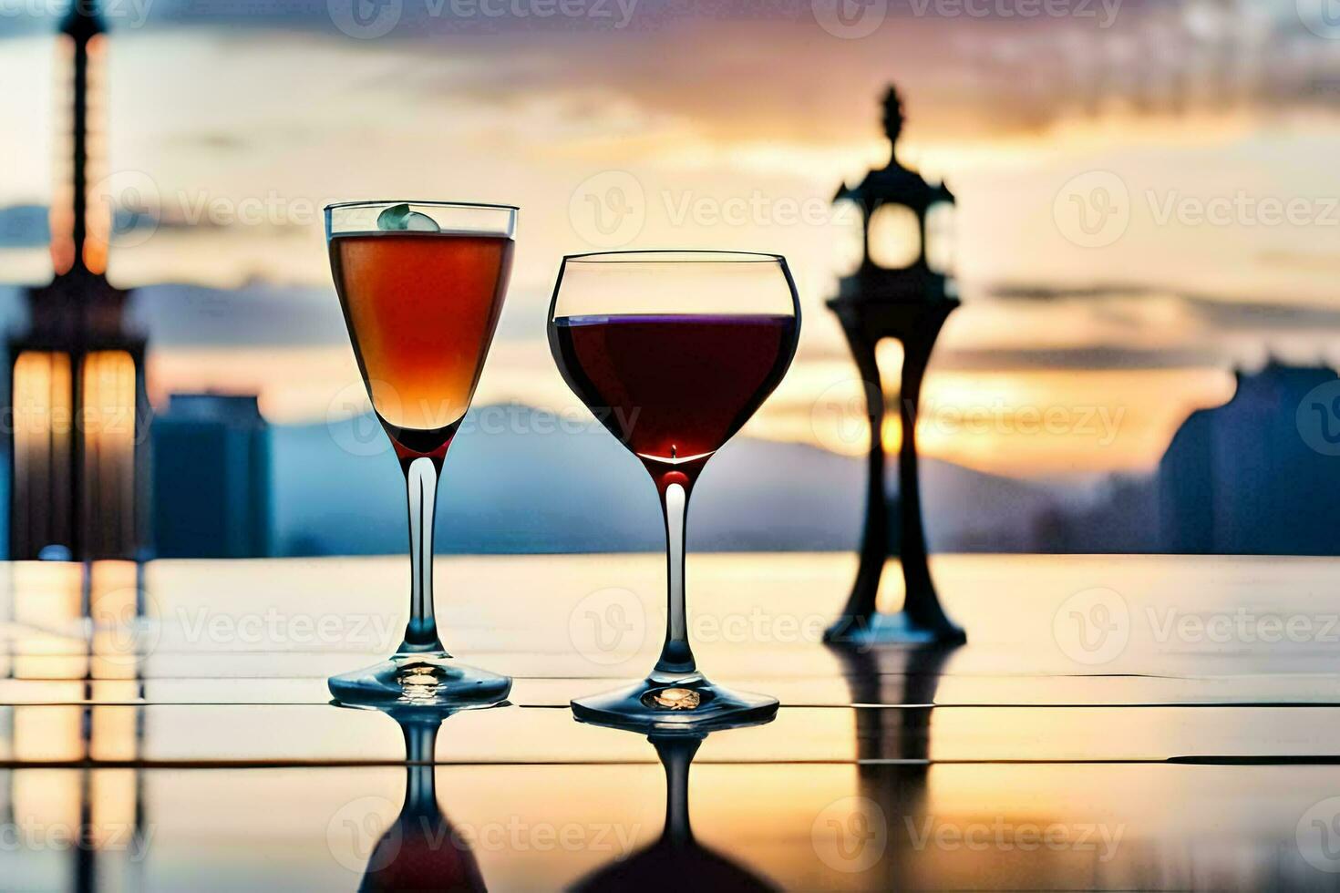 two glasses of wine on a table with a city skyline in the background. AI-Generated photo