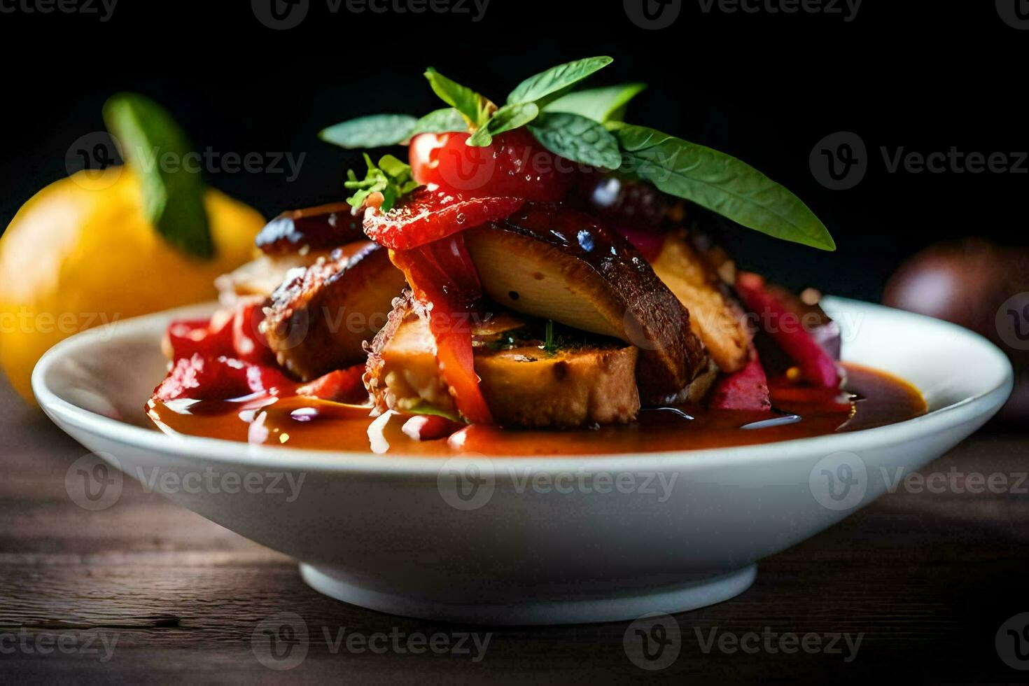 a plate of food with meat and vegetables. AI-Generated photo