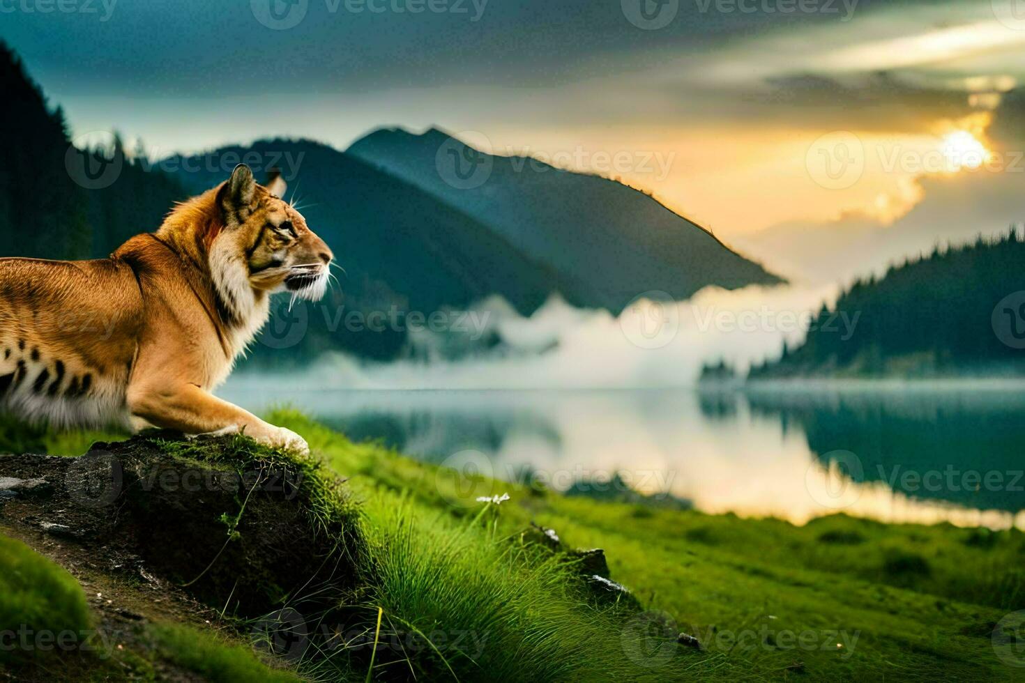 a tiger sitting on the grass near a lake. AI-Generated photo