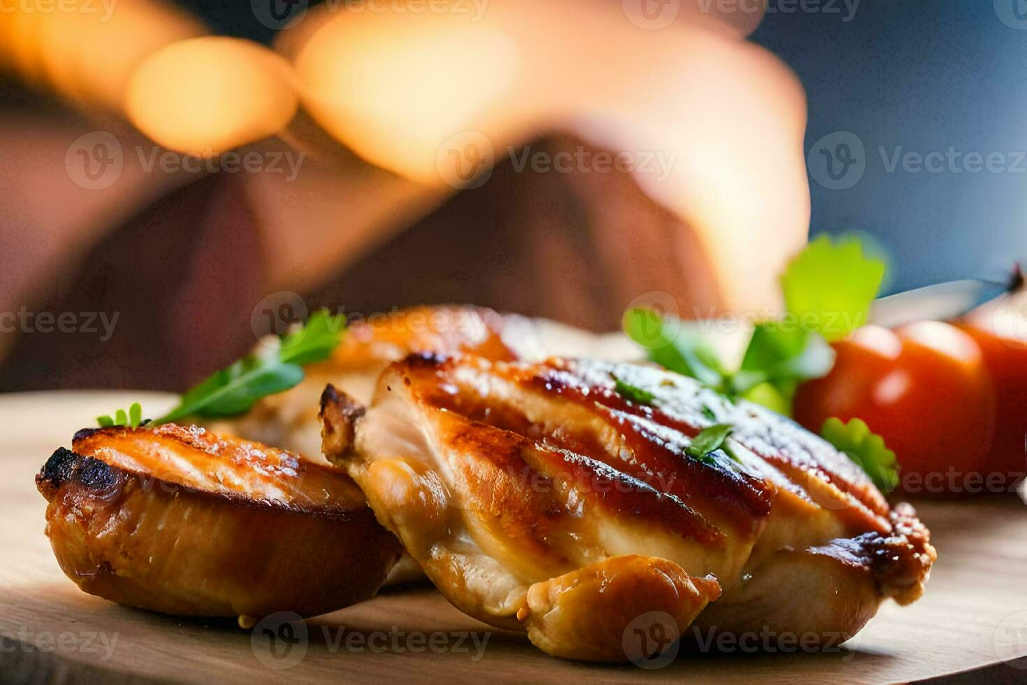 grilled chicken on a wooden cutting board. AI-Generated photo