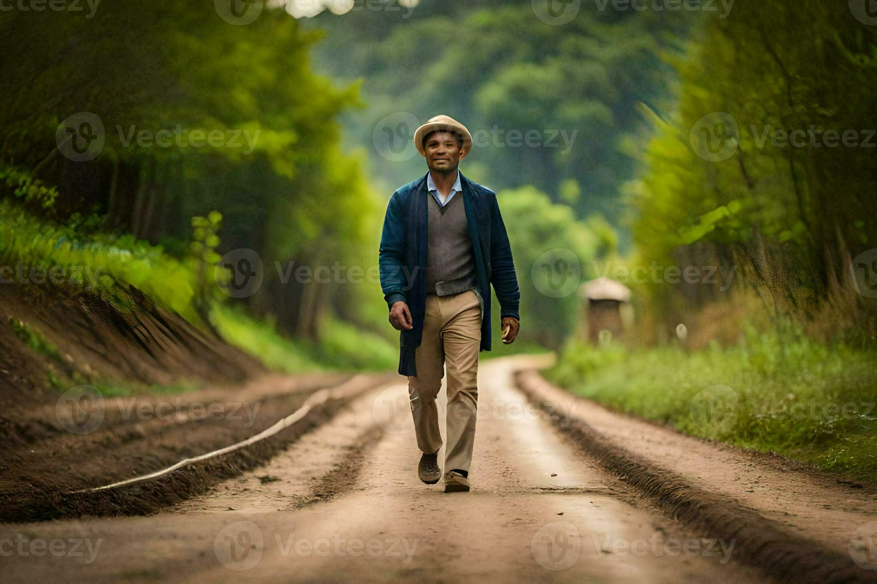 un hombre caminando abajo un suciedad la carretera en el medio de el  bosque. generado por ai 30899757 Foto de stock en Vecteezy