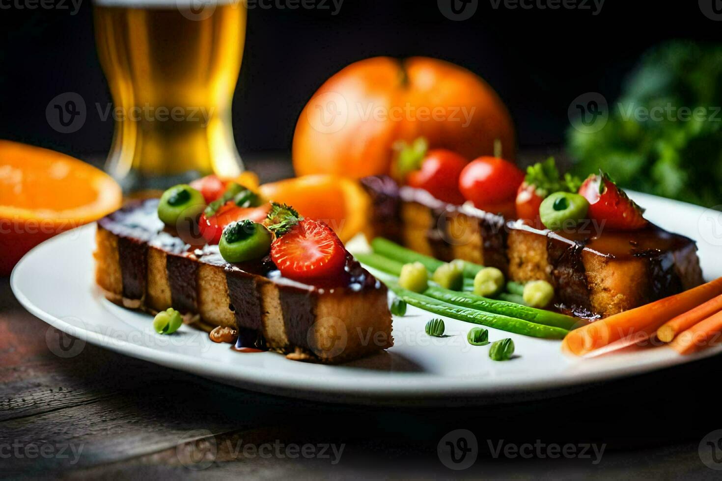 a plate with two slices of meat and vegetables. AI-Generated photo
