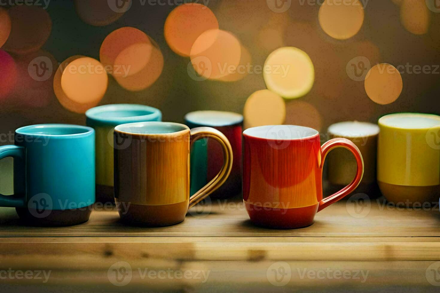 colorful coffee cups on a wooden table. AI-Generated photo