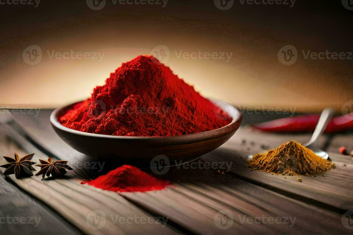 red powder in a bowl on a wooden table. AI-Generated photo