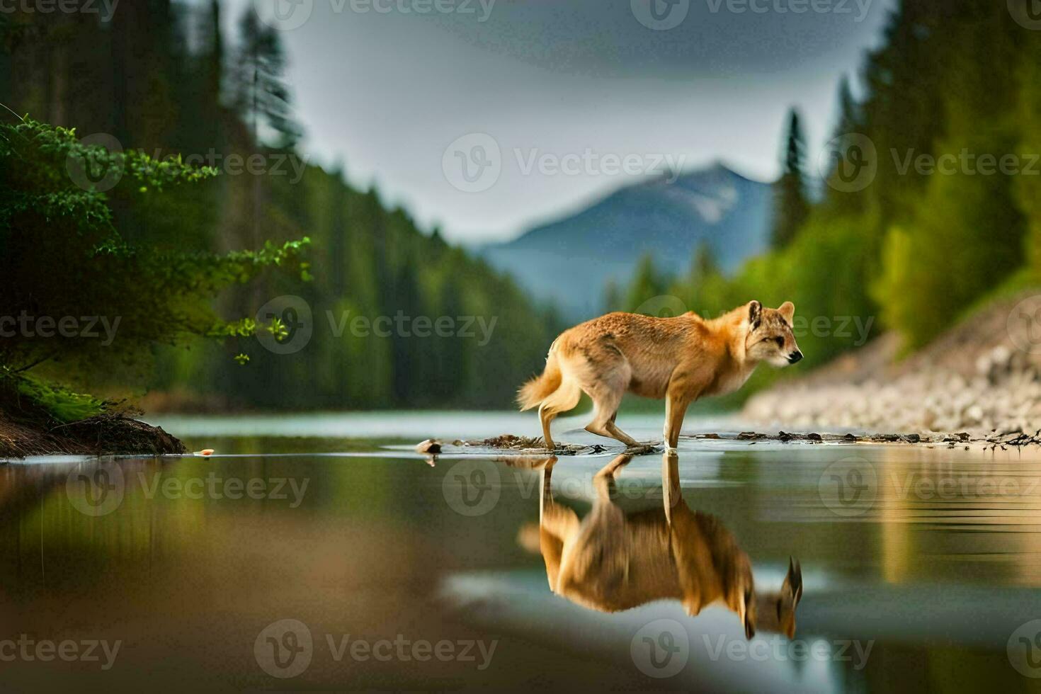 a dog standing in the water with its reflection. AI-Generated photo