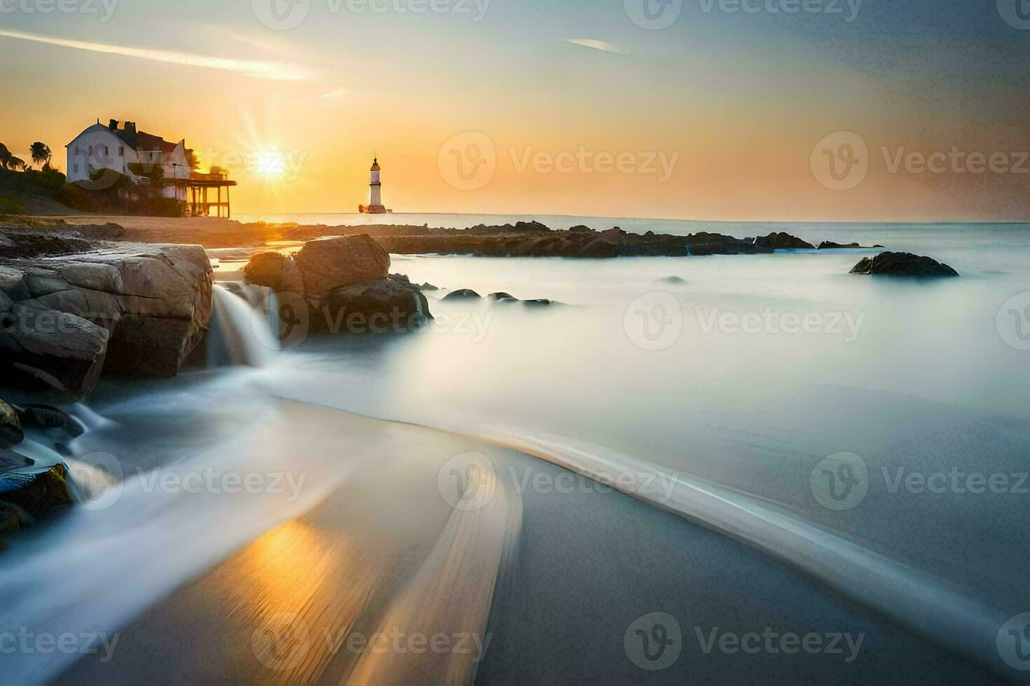 a lighthouse is seen in the distance at sunset. AI-Generated photo