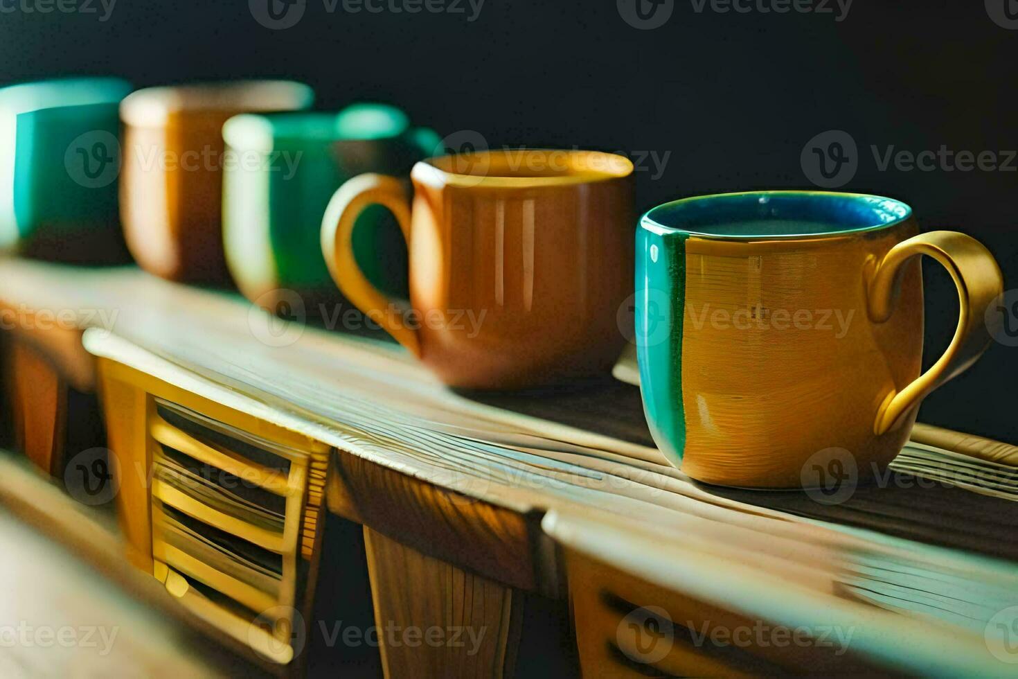 a row of colorful coffee cups on a wooden shelf. AI-Generated photo