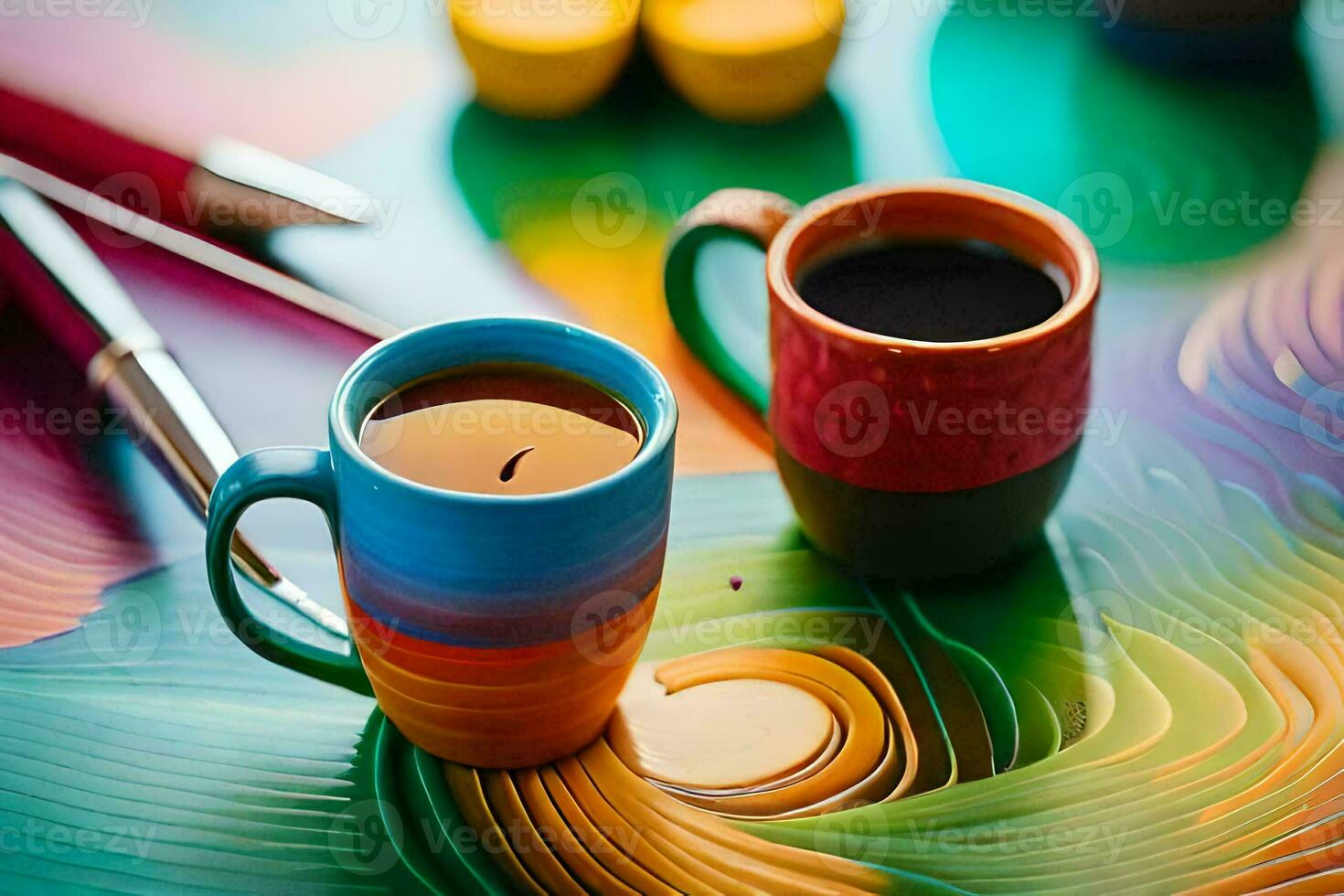 two colorful coffee cups sit on a colorful table. AI-Generated photo