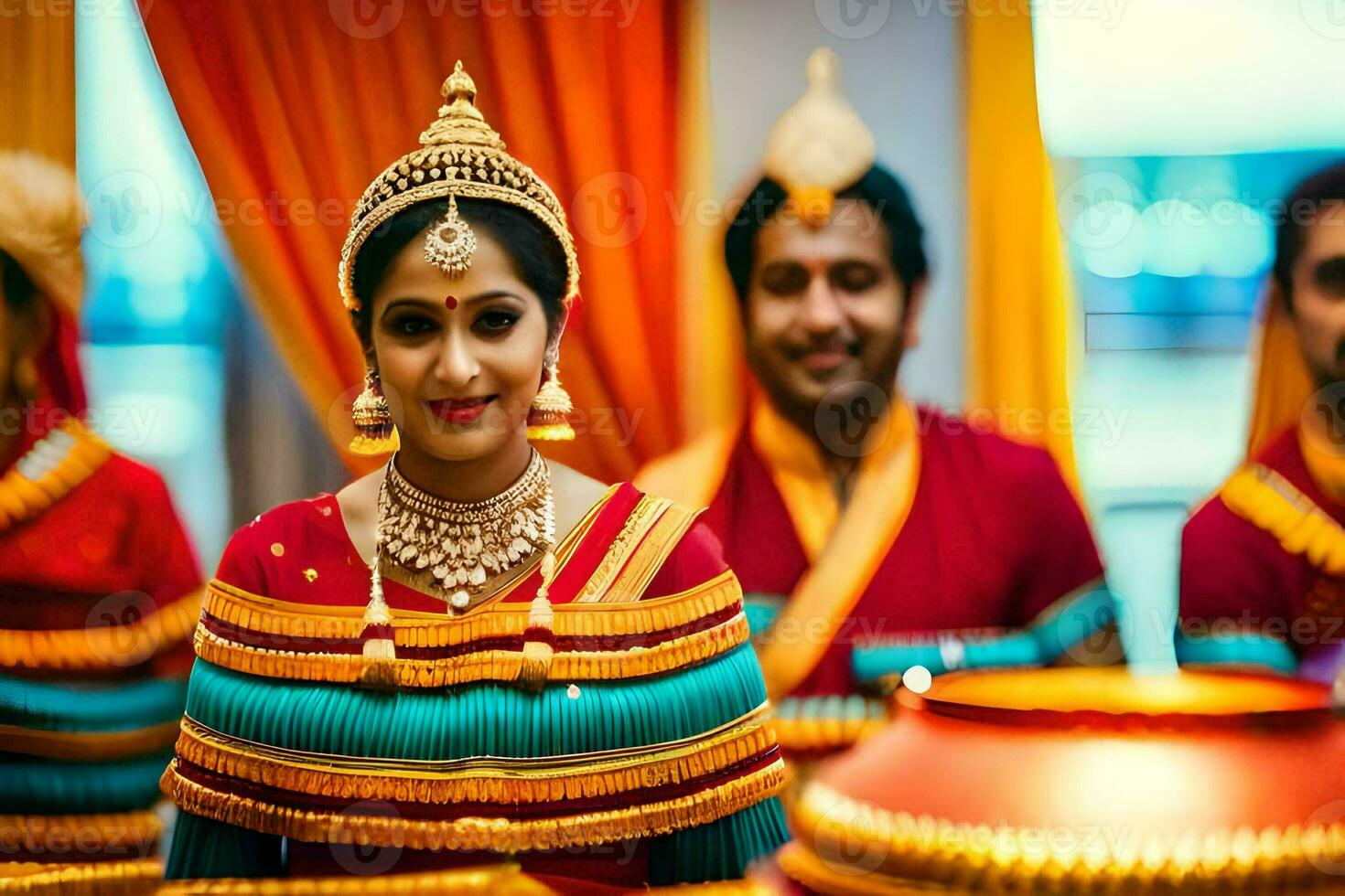 un novia en tradicional indio atuendo con su amigos. generado por ai foto