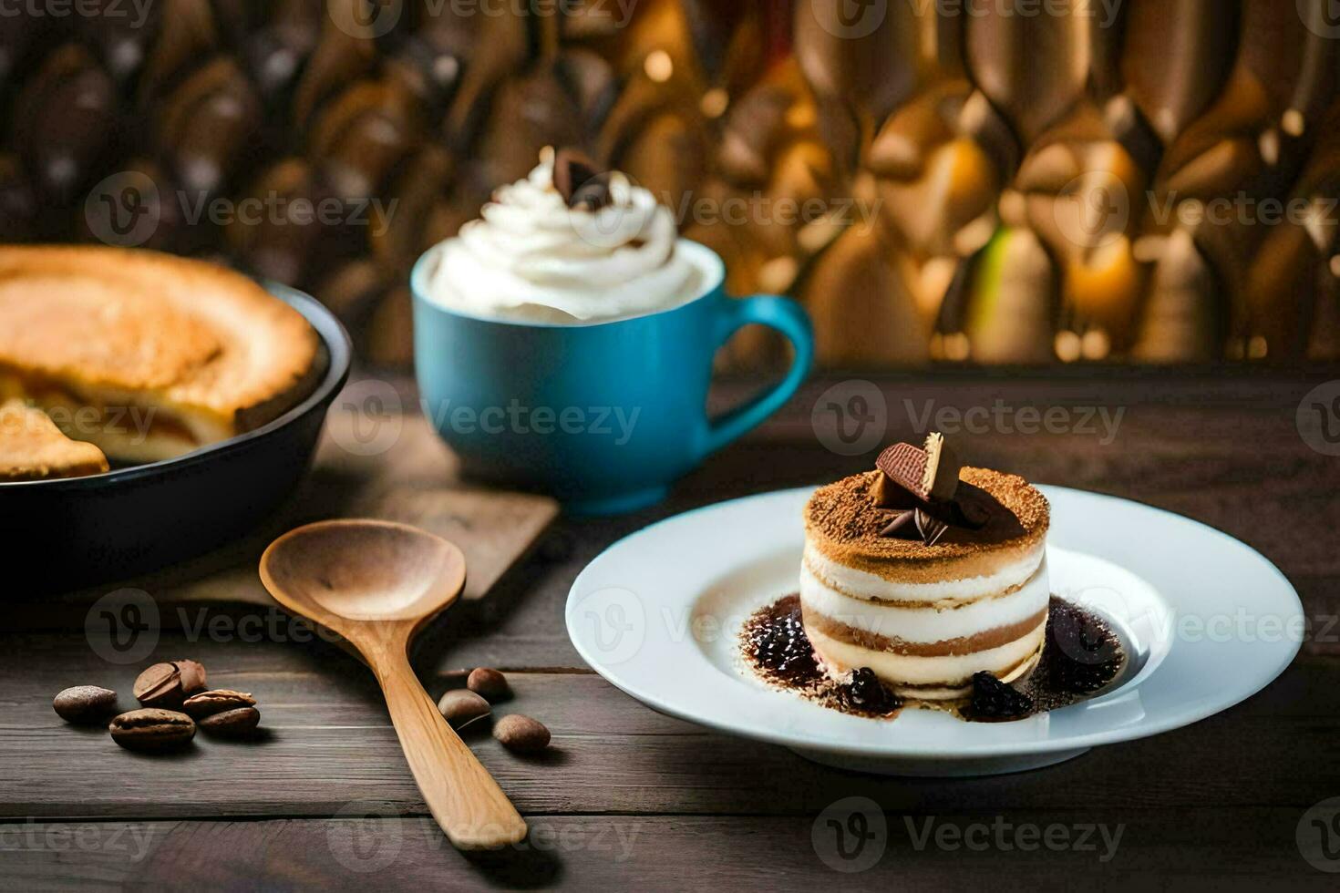 the dessert is served on a wooden table with a cup of coffee and a spoon. AI-Generated photo