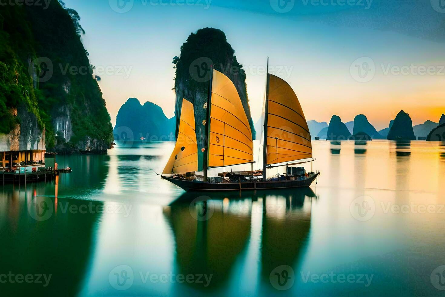 un barco con amarillo paño en el agua a puesta de sol. generado por ai foto