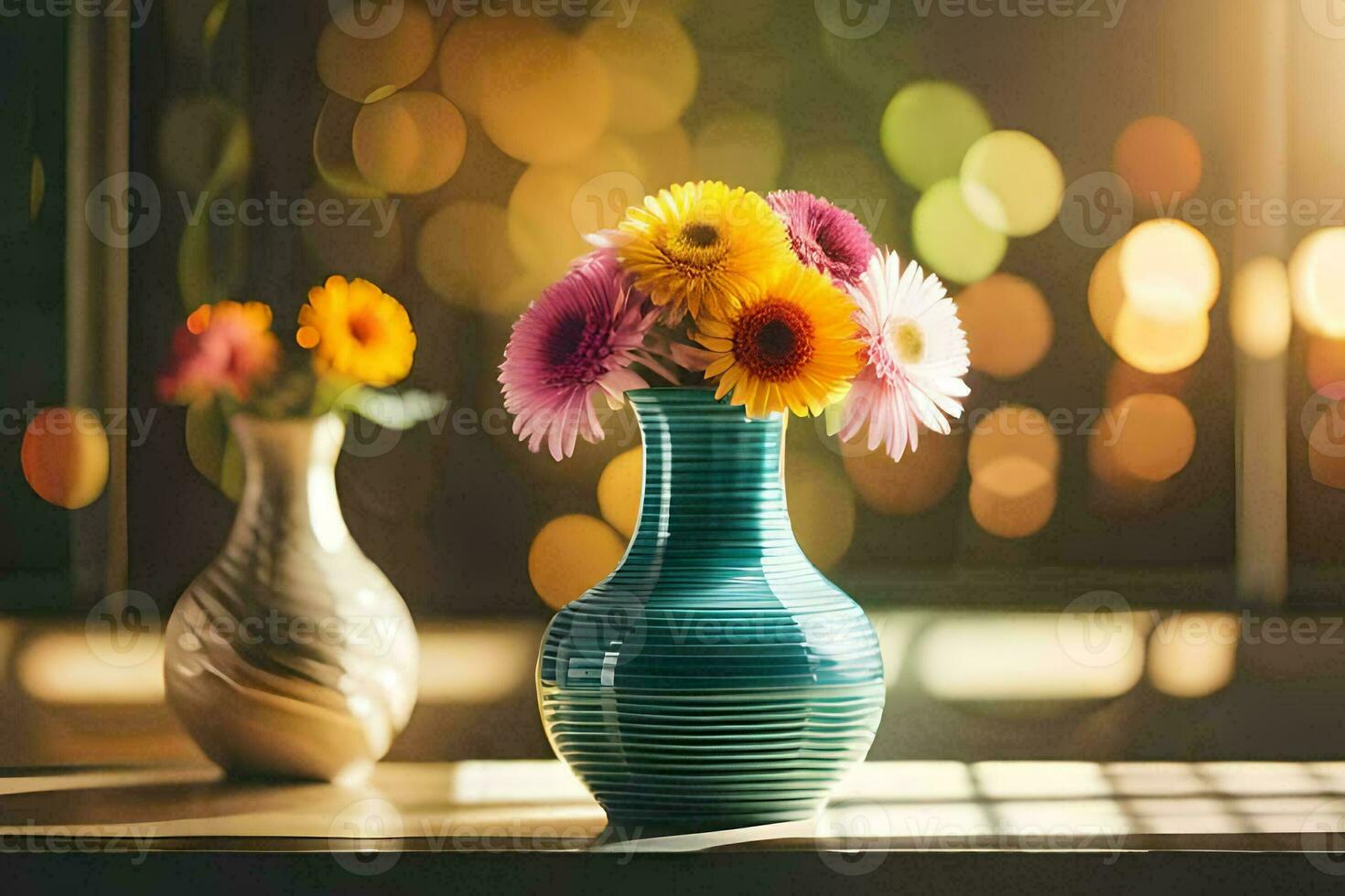 two vases with colorful flowers on a table. AI-Generated photo