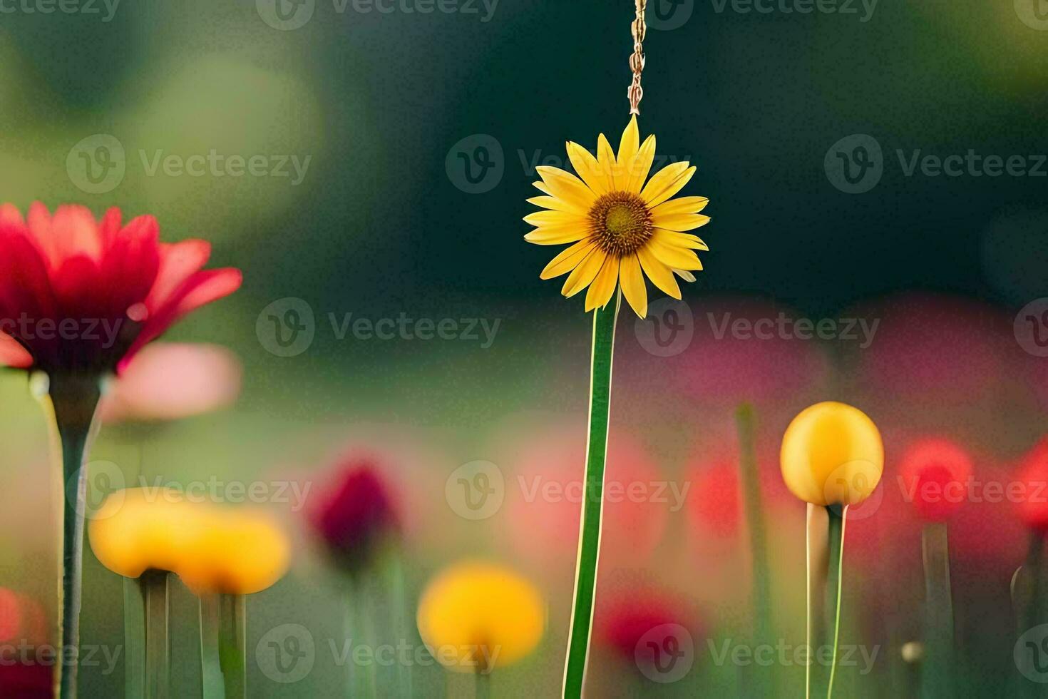 a yellow flower is standing in the middle of a field. AI-Generated photo