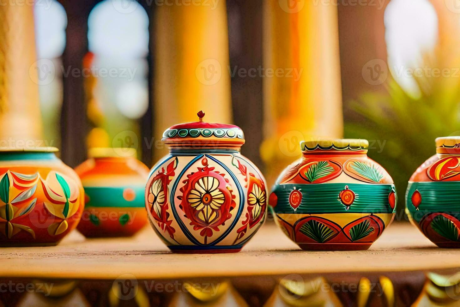 colorful pottery vases on a table. AI-Generated photo