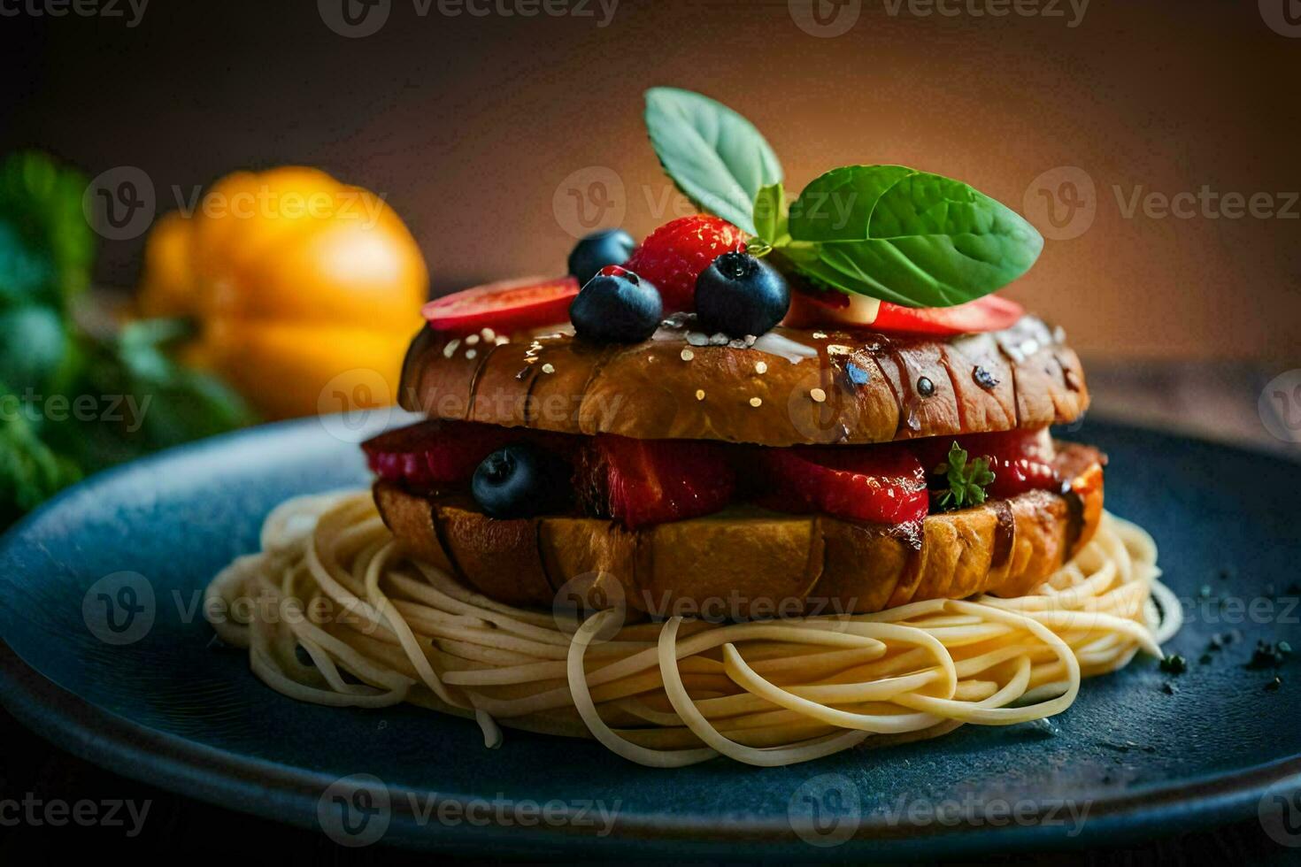 a sandwich with berries and spaghetti on a plate. AI-Generated photo