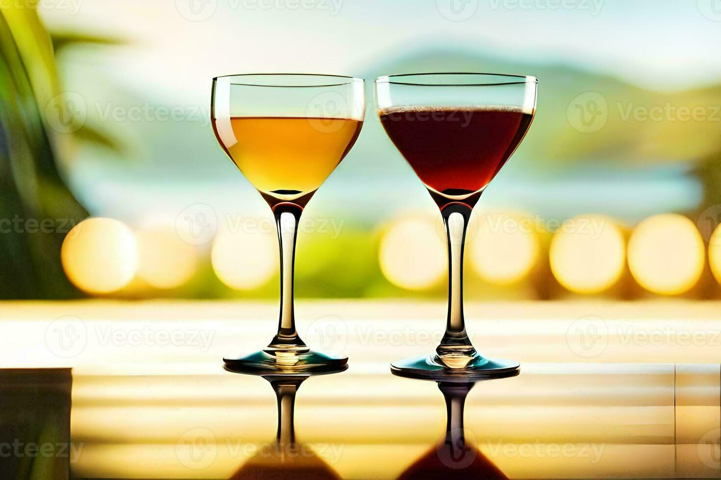 two glasses of wine on a table with a view of the ocean. AI-Generated photo