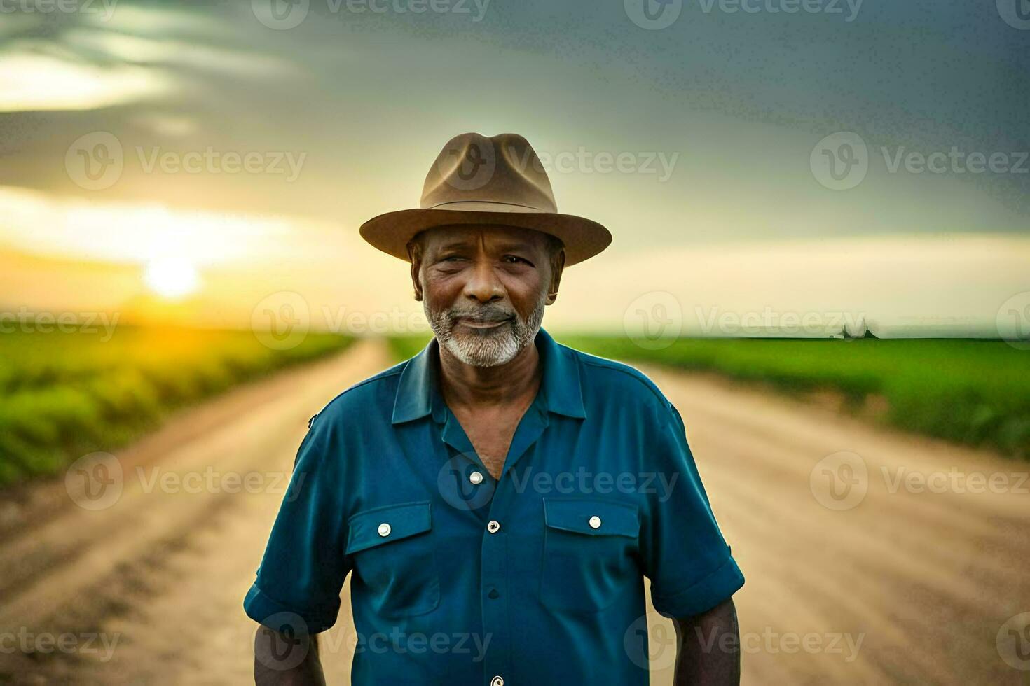 an older man standing on a dirt road with a sunset in the background. AI-Generated photo