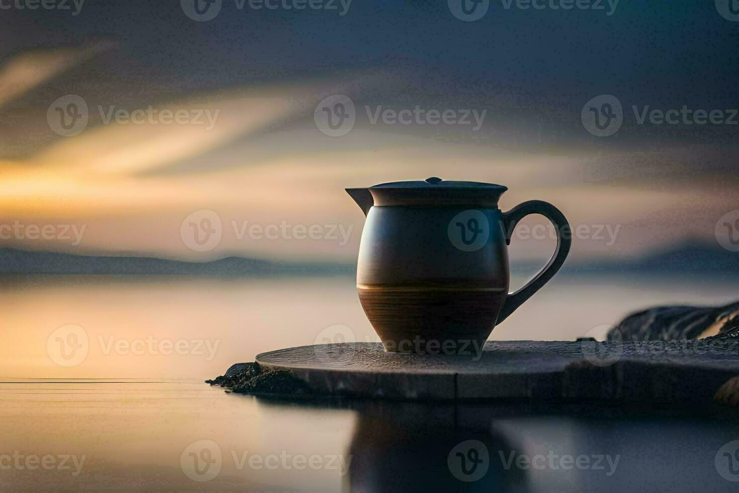 a coffee pot sits on a rock in front of the water. AI-Generated photo