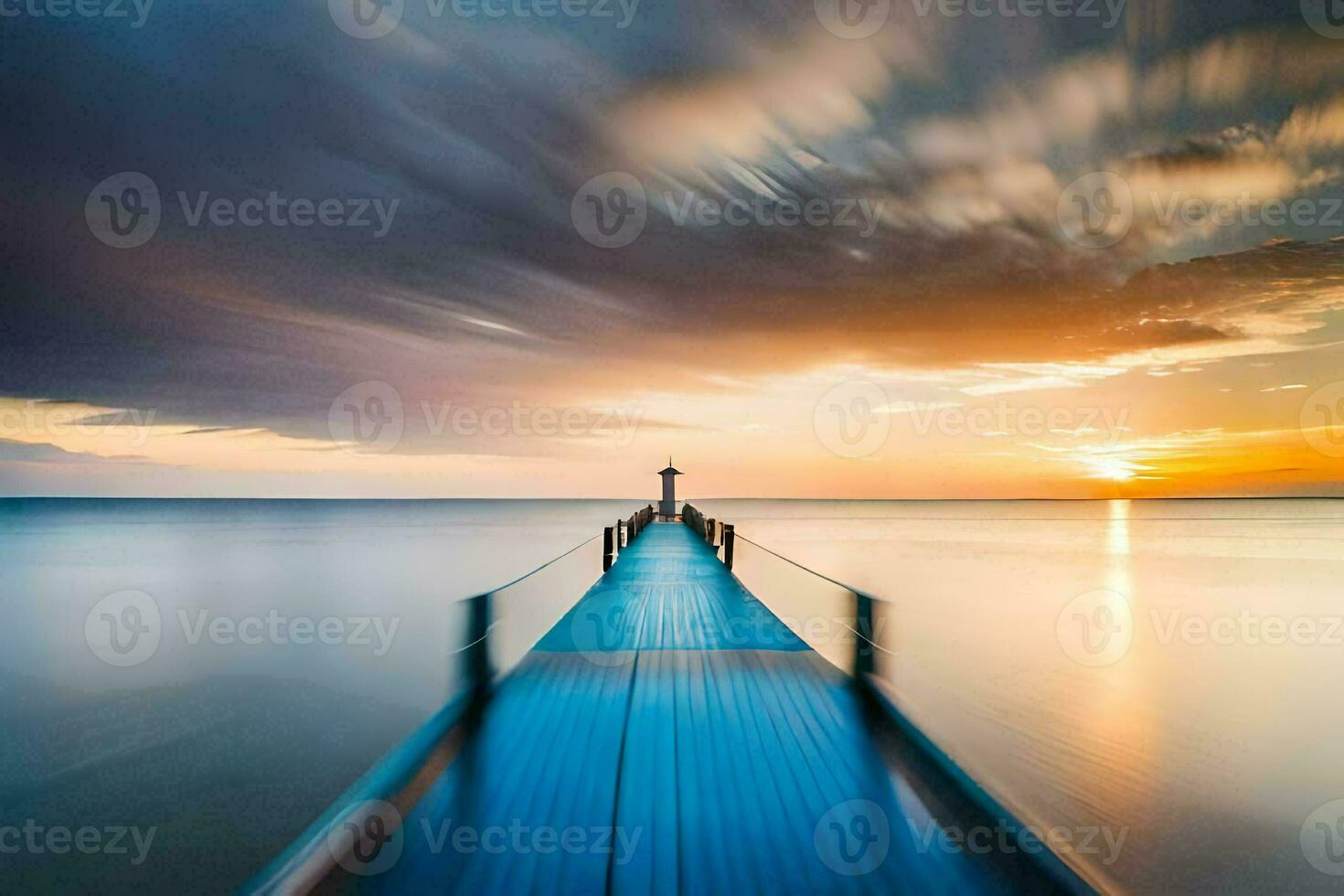 a long exposure photograph of a pier at sunset. AI-Generated photo
