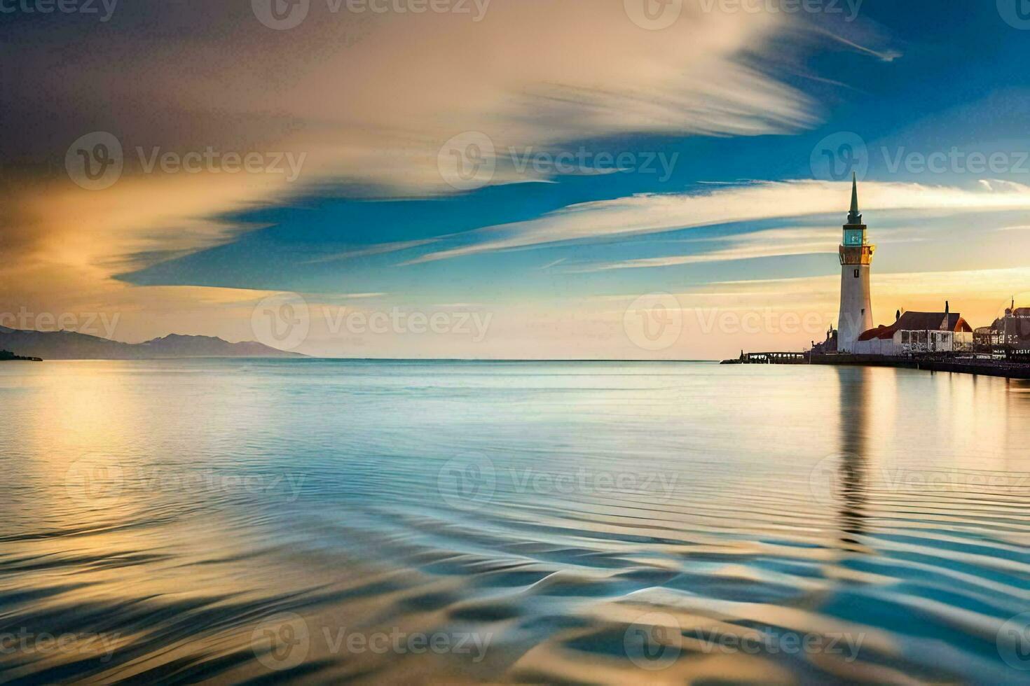 the sun sets over the sea and a tower in the distance. AI-Generated photo