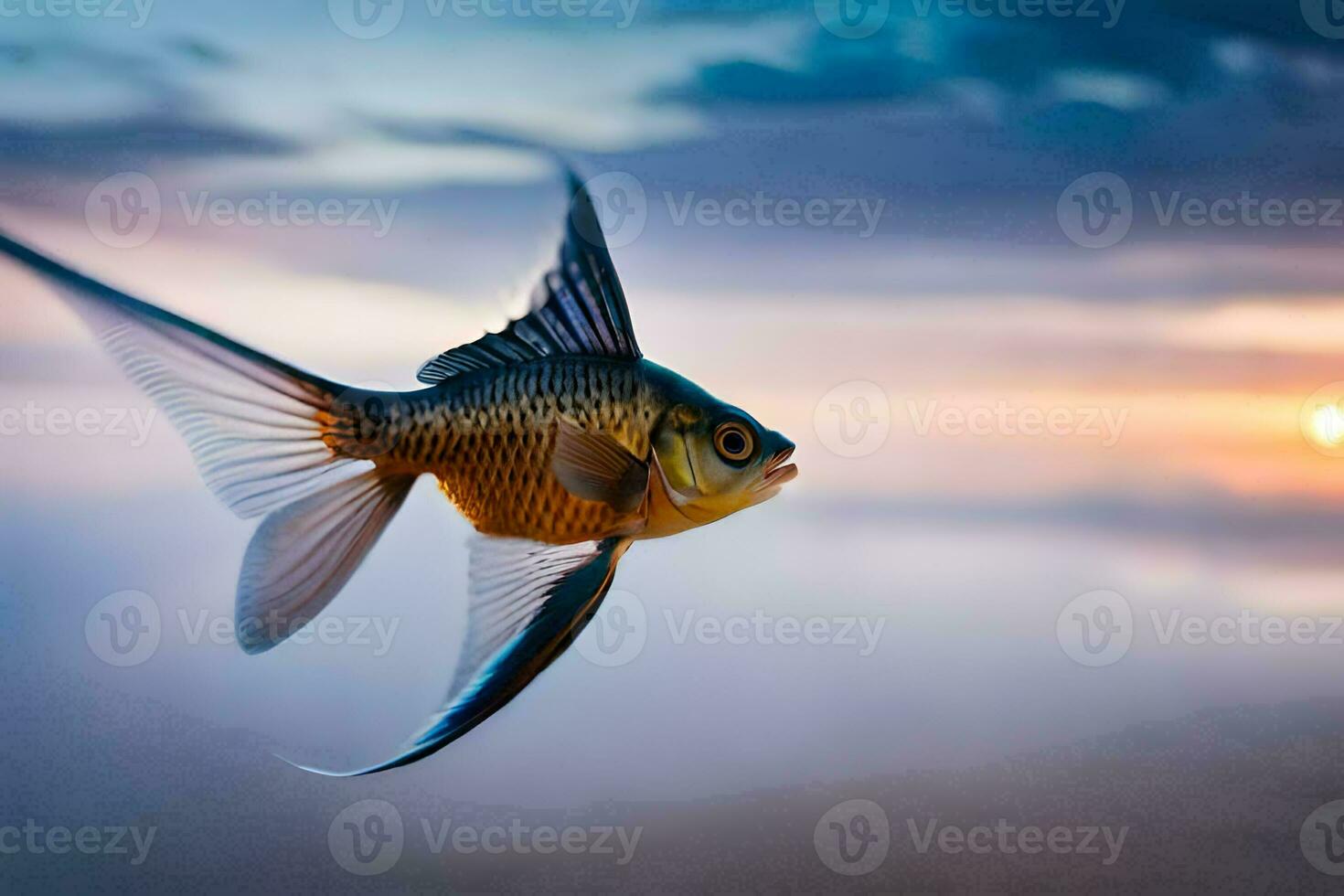 a fish flying over the ocean at sunset. AI-Generated photo