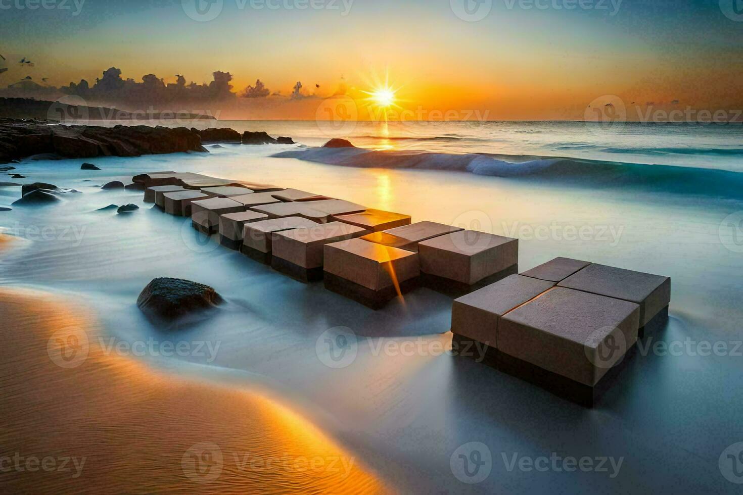 a sunset over the ocean with blocks on the beach. AI-Generated photo