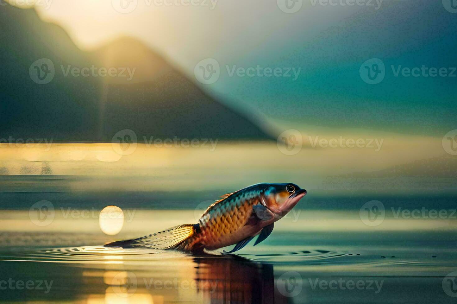 un pescado es nadando en el agua a puesta de sol. generado por ai foto