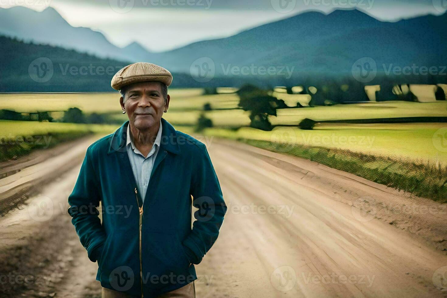 an older man standing on a dirt road in front of a green field. AI-Generated photo
