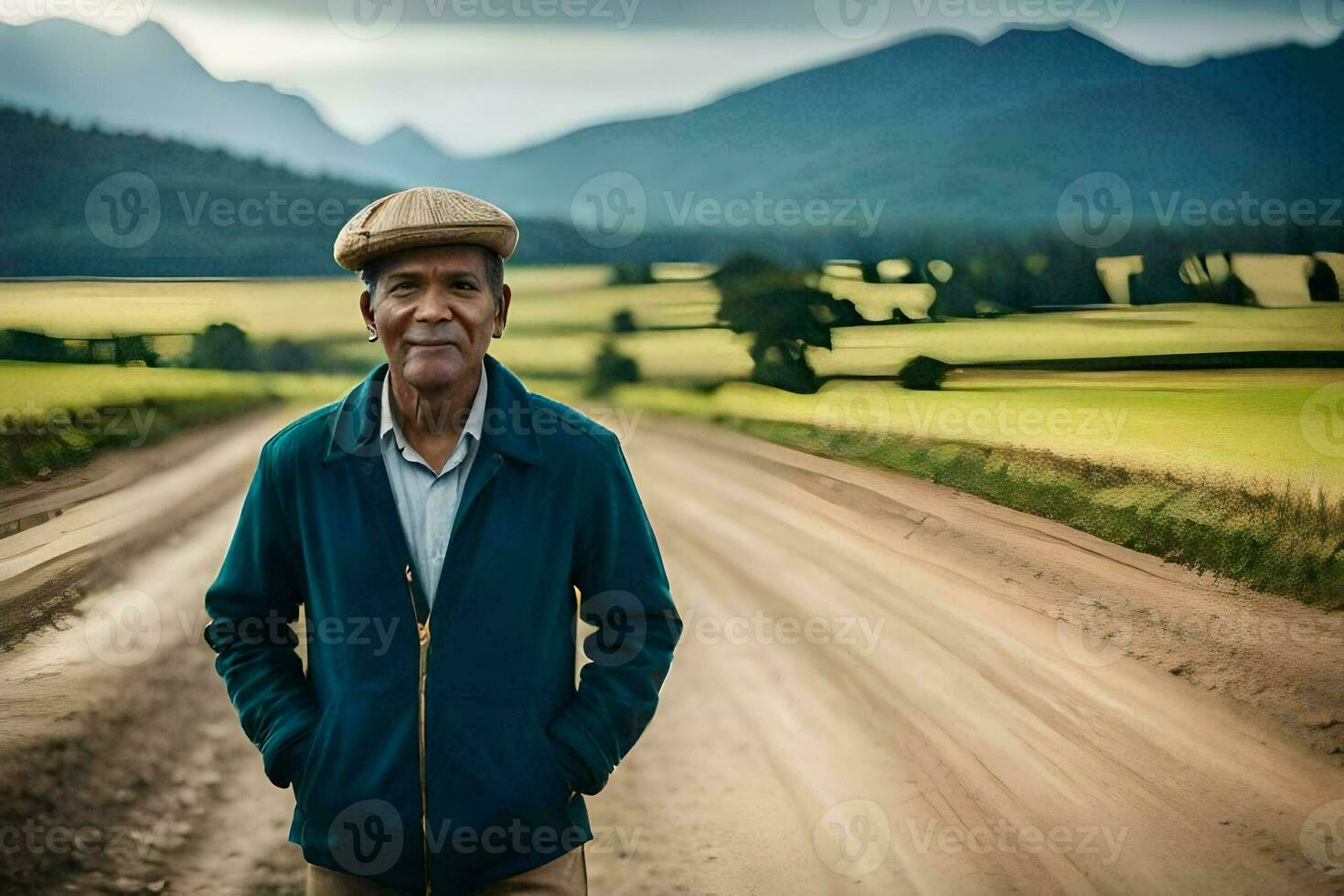 un más viejo hombre en pie en un suciedad la carretera en frente de un verde campo. generado por ai foto