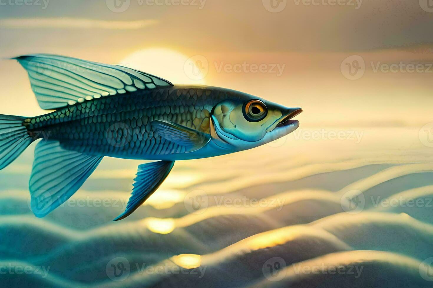 a fish swimming in the ocean at sunset. AI-Generated photo
