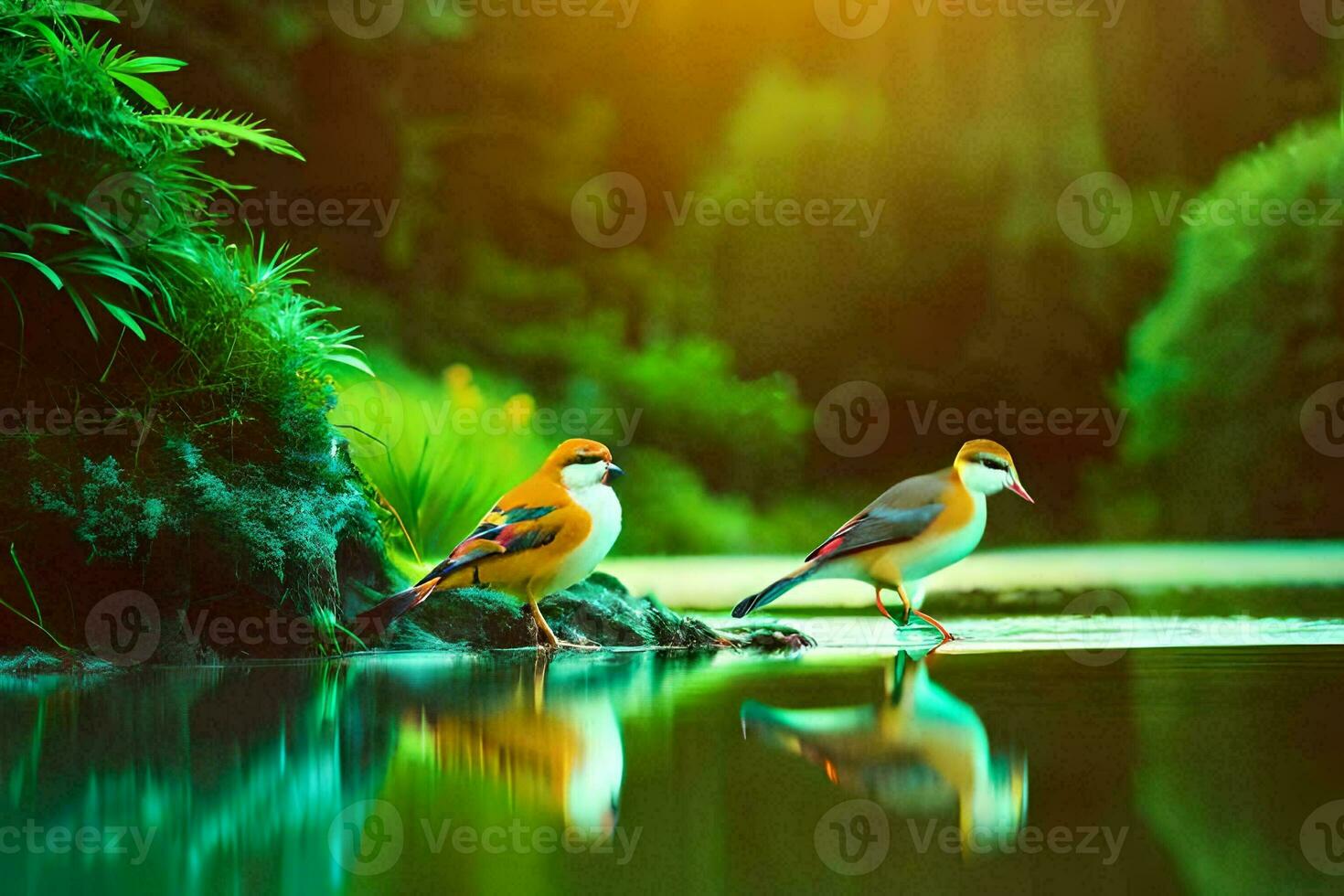 two birds standing on the edge of a pond. AI-Generated photo