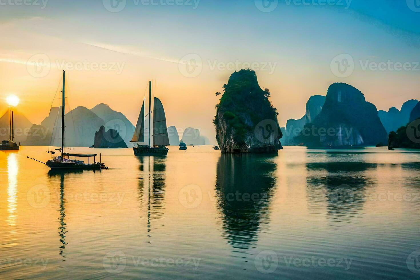 veleros en el agua a puesta de sol con montañas en el antecedentes. generado por ai foto