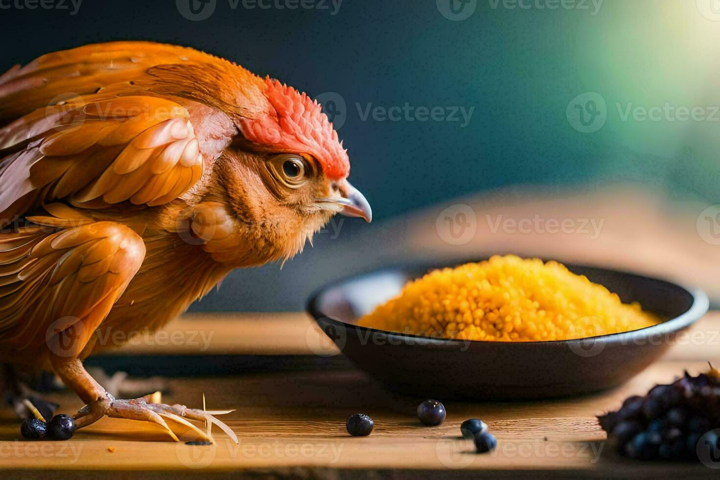a chicken is standing next to a bowl of yellow powder. AI-Generated photo