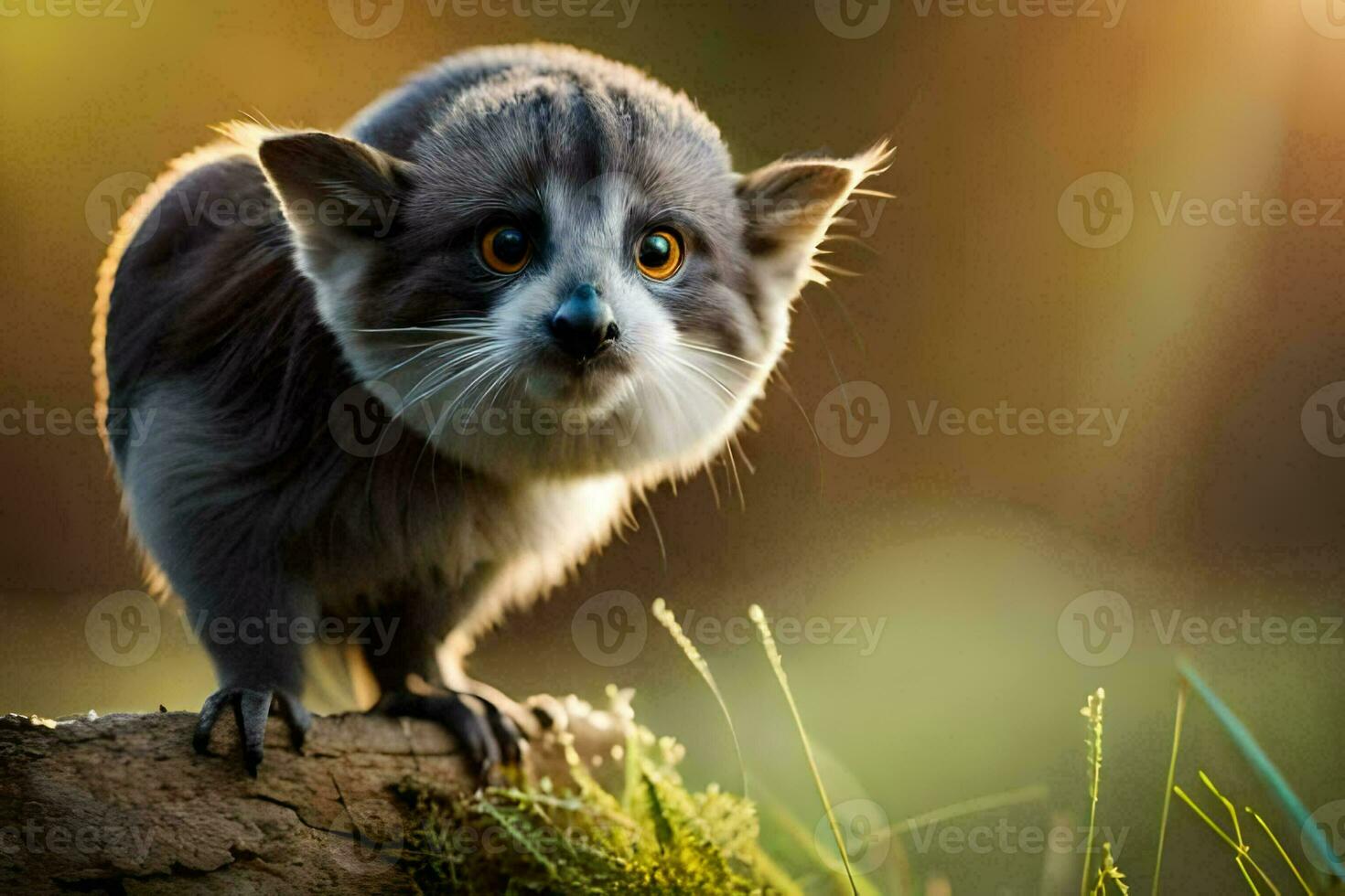 a small gray and white animal standing on top of a log. AI-Generated photo