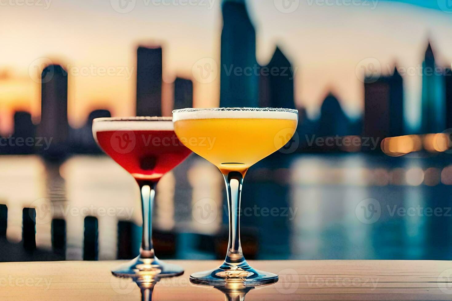 two cocktails sit on a table in front of a city skyline. AI-Generated photo