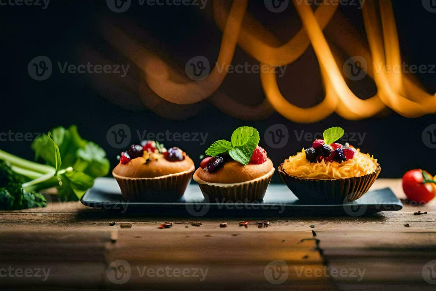 three cupcakes on a plate with a blurry background. AI-Generated photo