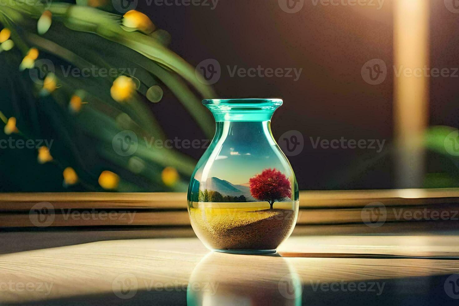 a vase with a tree in it and a sun shining through it. AI-Generated photo
