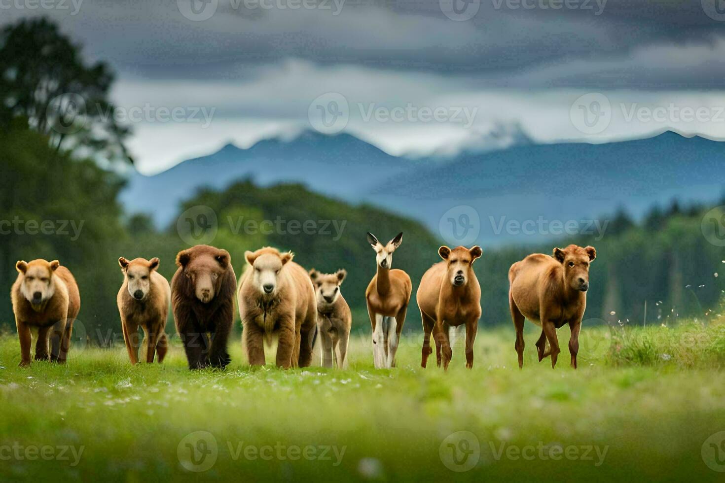 a herd of brown bears and deer in a field. AI-Generated photo