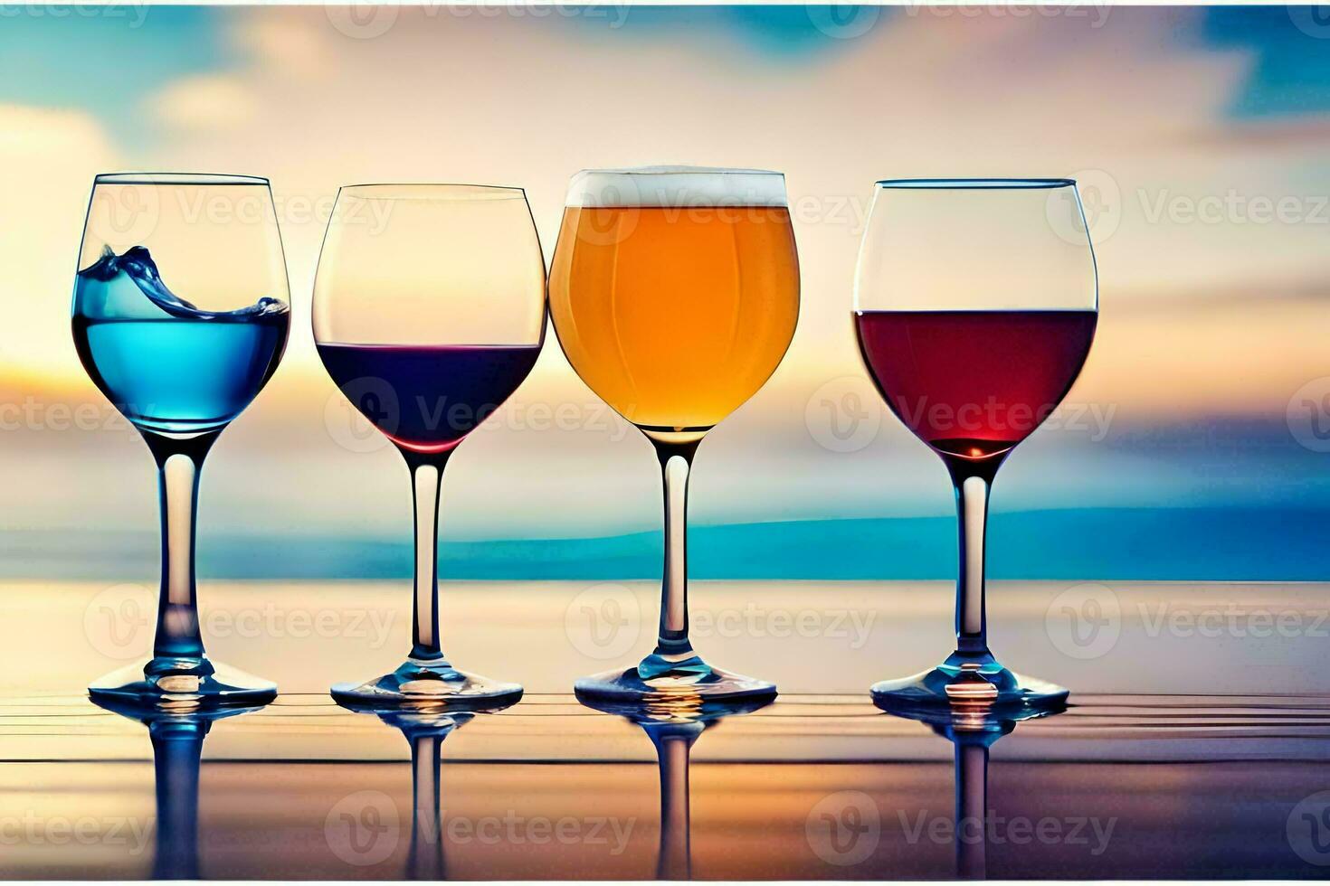 four glasses of wine are lined up on a table. AI-Generated photo